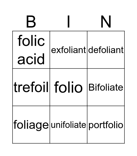 Folio Bingo Card