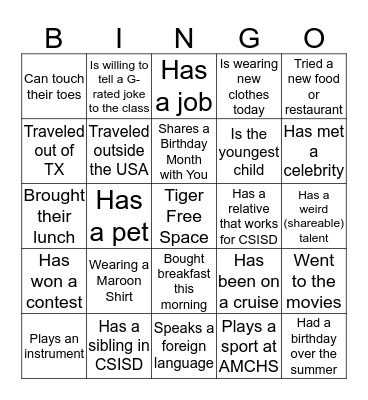 AMCHS Back to School Bingo Card