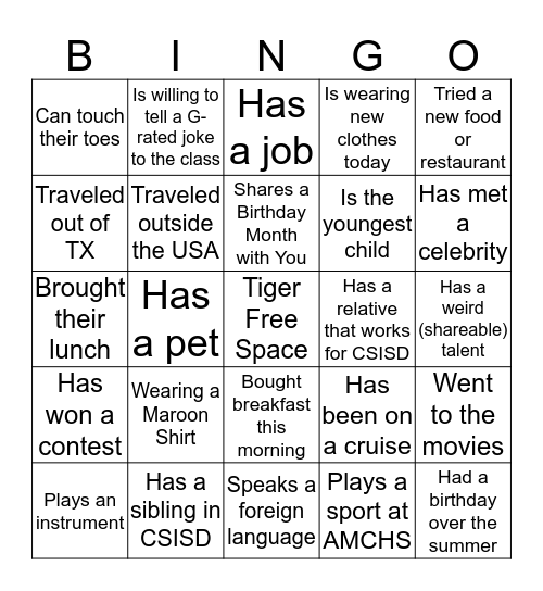 AMCHS Back to School Bingo Card