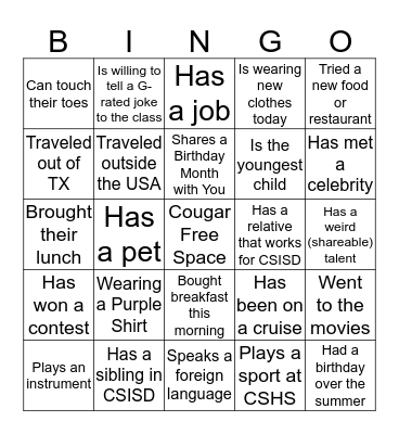 CSHS Back to School Bingo Card