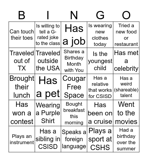 CSHS Back to School Bingo Card