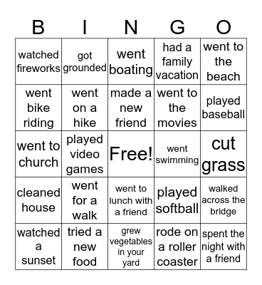 What Did You Do This Summer Bingo Card