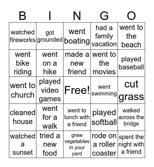 What Did You Do This Summer Bingo Card