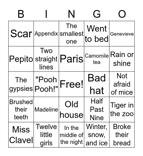 Madeline Bingo Card