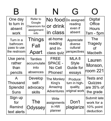 English 10 Syllabus Bingo  Bingo Card