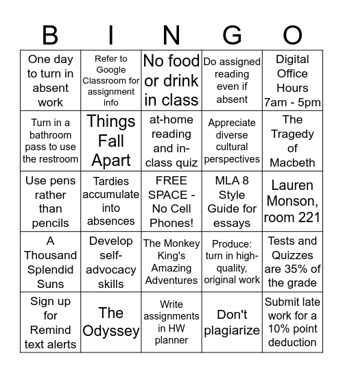 English 10 Syllabus Bingo  Bingo Card