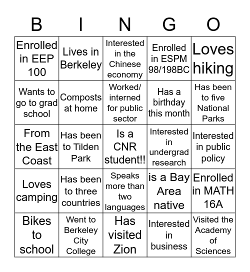 EEP Bingo: Find Someone Who... Bingo Card