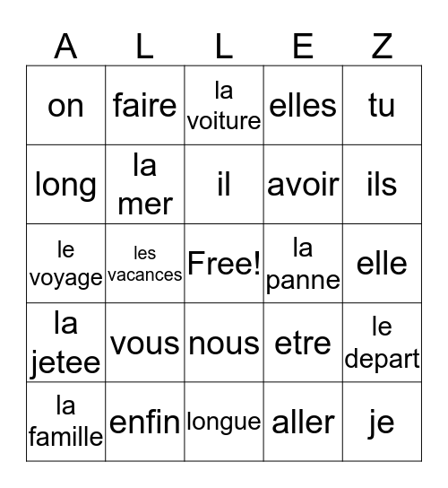 French II Semaine 1 Vocabulaire Bingo Card