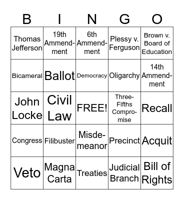 American Government & Civics Bingo Card