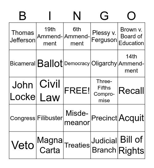 American Government & Civics Bingo Card