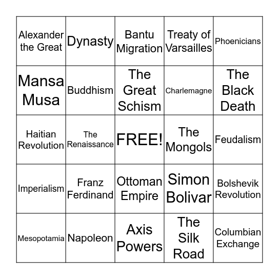 World History Bingo Card