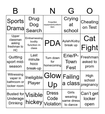 Mya Freshman Bingo Card