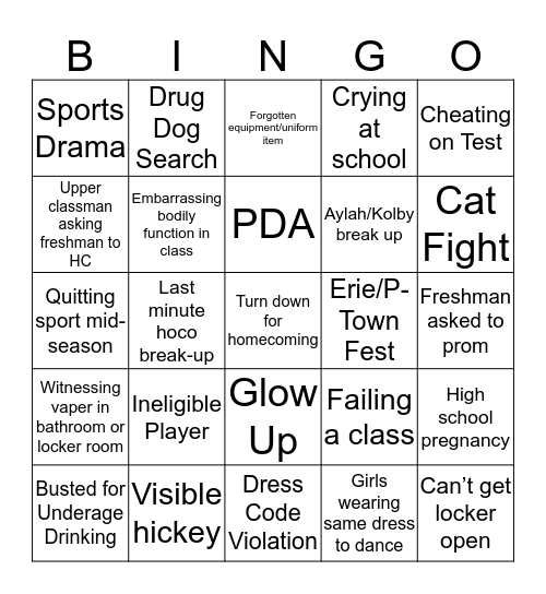 Mya Freshman Bingo Card