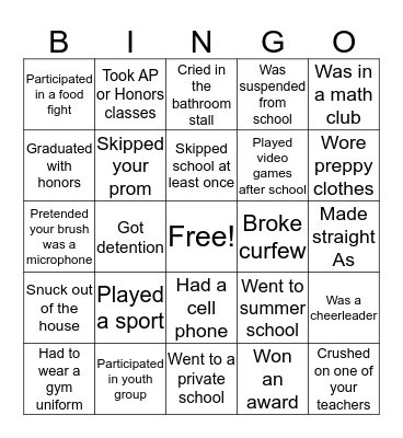 The Great High School Throwback Bingo Card