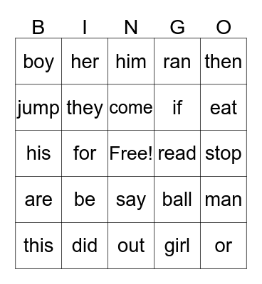 Sight Words Bingo Card