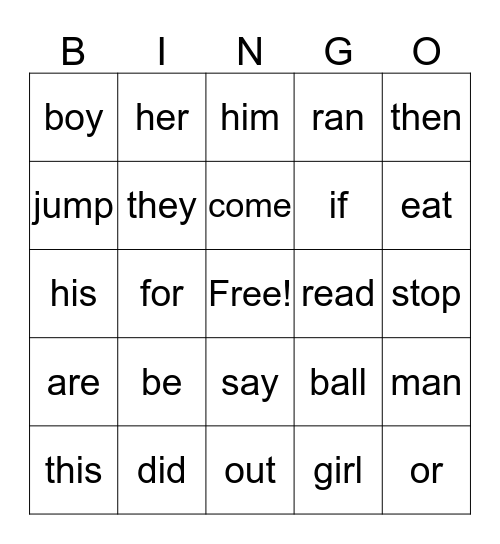 Sight Words Bingo Card