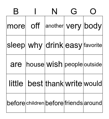 SIGHT WORDS II Bingo Card