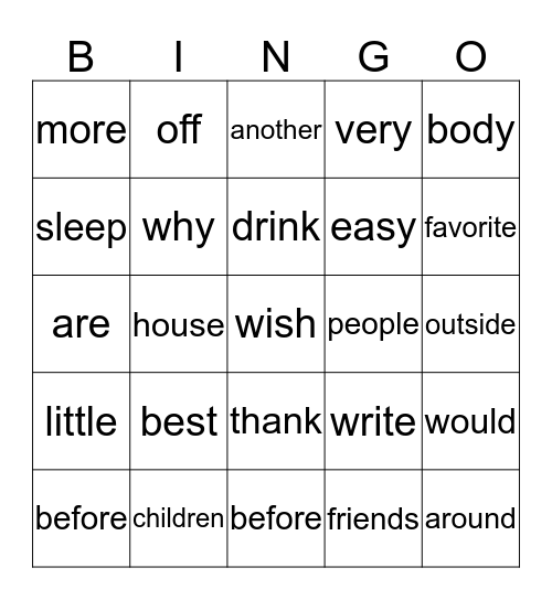 SIGHT WORDS II Bingo Card