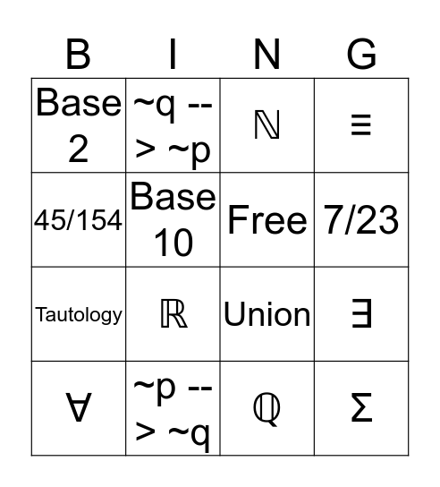 Math Bingo Card