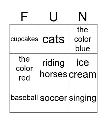 "I like" Bingo Card