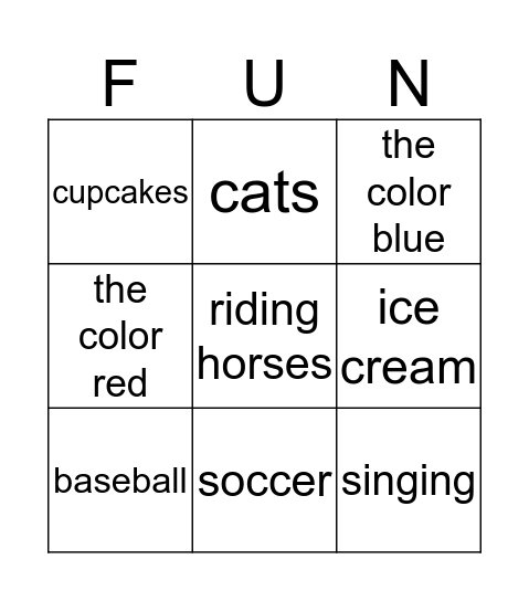 "I like" Bingo Card
