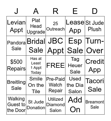 Jared Bingo Card