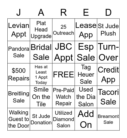 Jared Bingo Card