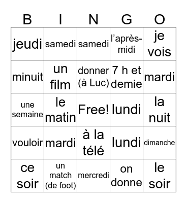 Unité 22 Bingo Card