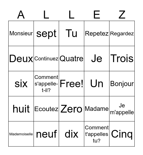 French I Beginning of YEAR Bingo Card