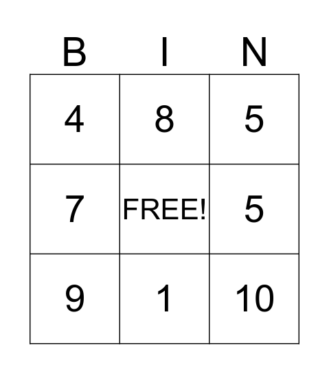 NUMBER Bingo Card