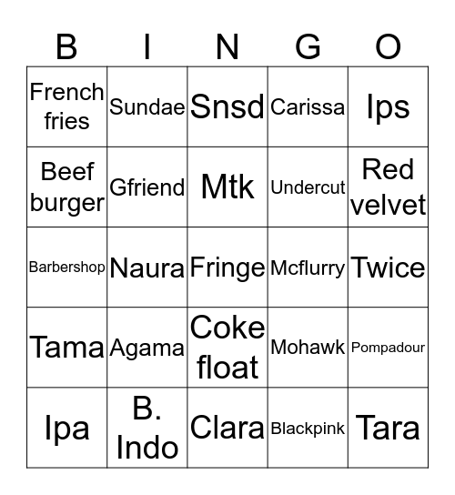 Shasha's bingooo. Bingo Card