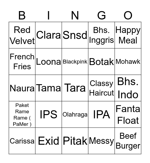 Tara Ganteng. Bingo Card
