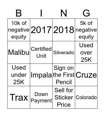 Car Sales Bingo Card