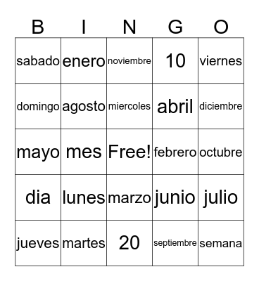 Dias/Meses Bingo Card