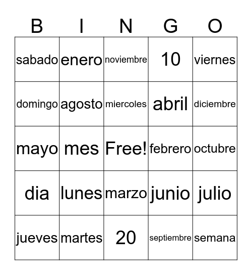 Dias/Meses Bingo Card