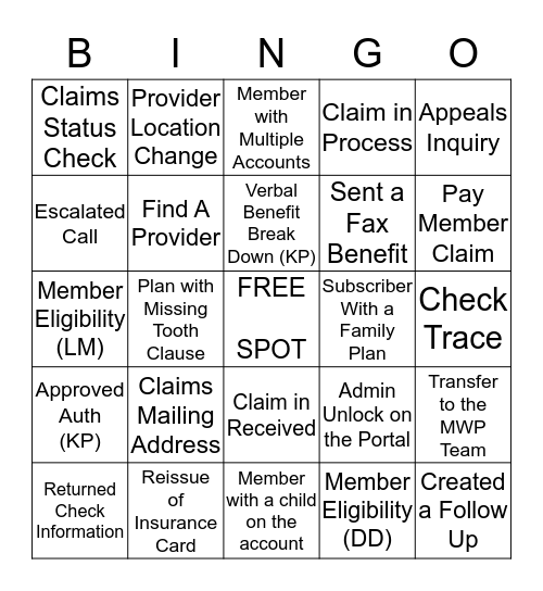 INCLUDE NPI AND MBR ID NUMBERS FOR VERIFICATION Bingo Card