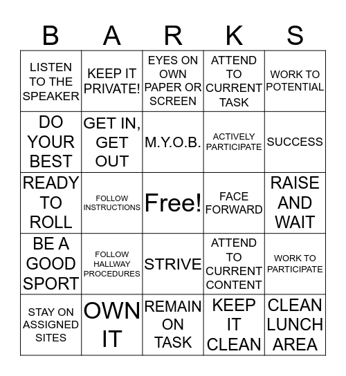 BARKS Bingo Card