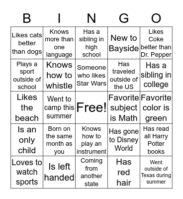 Get To Know You Bingo Card