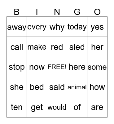 Spelling Bingo Card