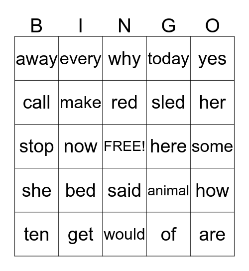 Spelling Bingo Card