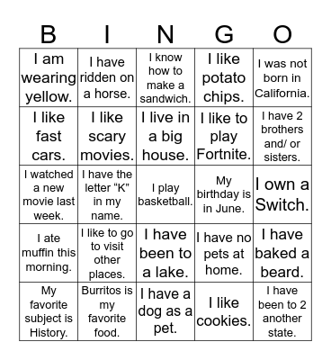 Find a Friend BINGO Find a DIFFERENT person to sign their name in a box that tells about them. When you have each box signed, yell out “BINGO Name:______________________________________ Bingo Card