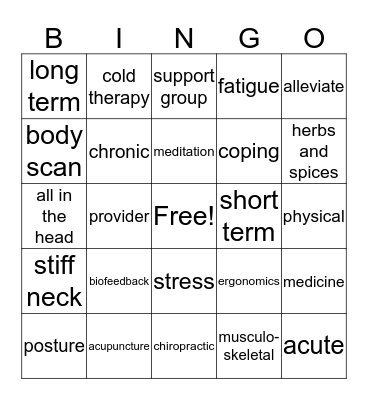 Mind Over Pain Bingo Card