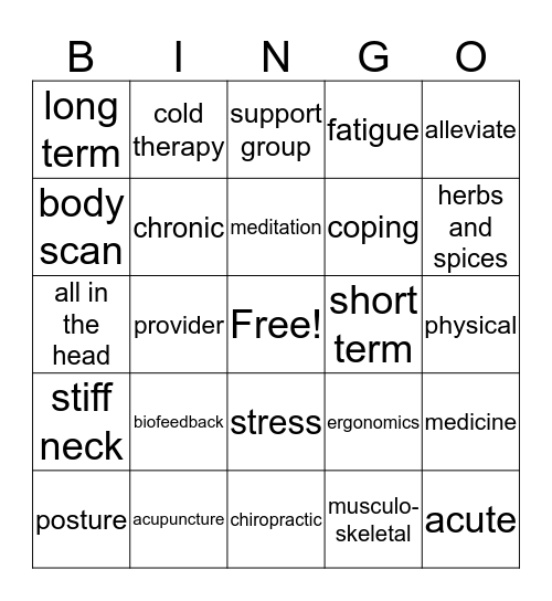 Mind Over Pain Bingo Card