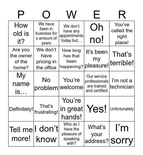 WOW Experience  Bingo Card