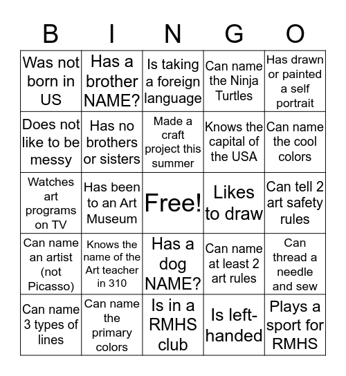 Art One Bingo Card