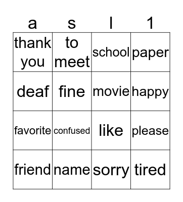 asl unit 1 Bingo Card