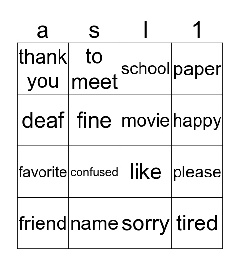 asl unit 1 Bingo Card