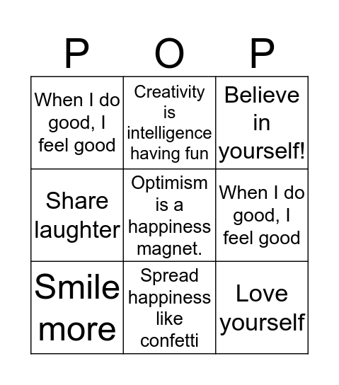 POP OF POSITIVITY Bingo Card