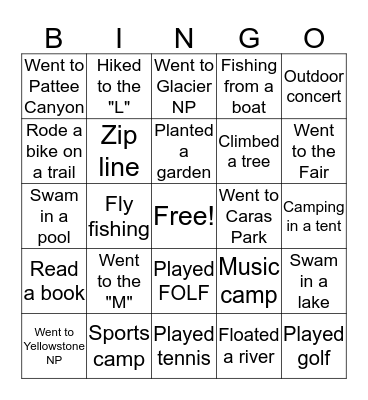 What I did this summer! Bingo Card