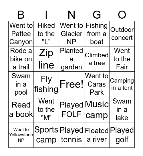 What I did this summer! Bingo Card